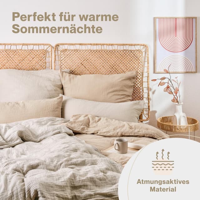Detalle de Blumtal Musselin Bettwäsche-Set 155x220 cm + 40x80 cm (Oeko-TEX, 100% Baumwolle) – Grau
