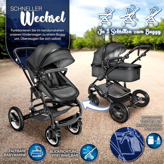 Detalle de KIDUKU® 3-in-1 Kombikinderwagen-Set inkl. Babywanne, Sportsitz und Auto-Babyschale