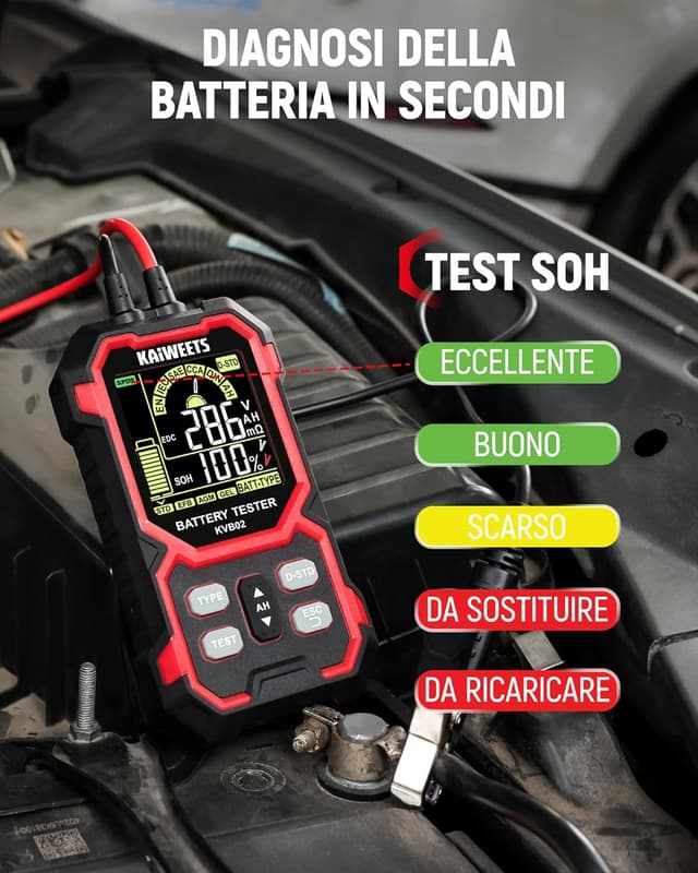 Detalle de KAIWEETS Tester Batteria Auto 12V/24V digitale 50–2000 CCA con display LCD (SOH/SOC)