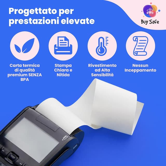 Detalle de BUY SAFE 50 rotoli POS universali in carta termica 57 mm x 20 m (BPA free), made in Italy
