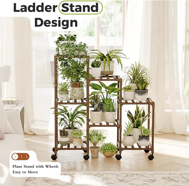 Detalle 2 de Bamworld plant stand with wheels — 3-tier wooden ladder shelf for indoor and outdoor pots