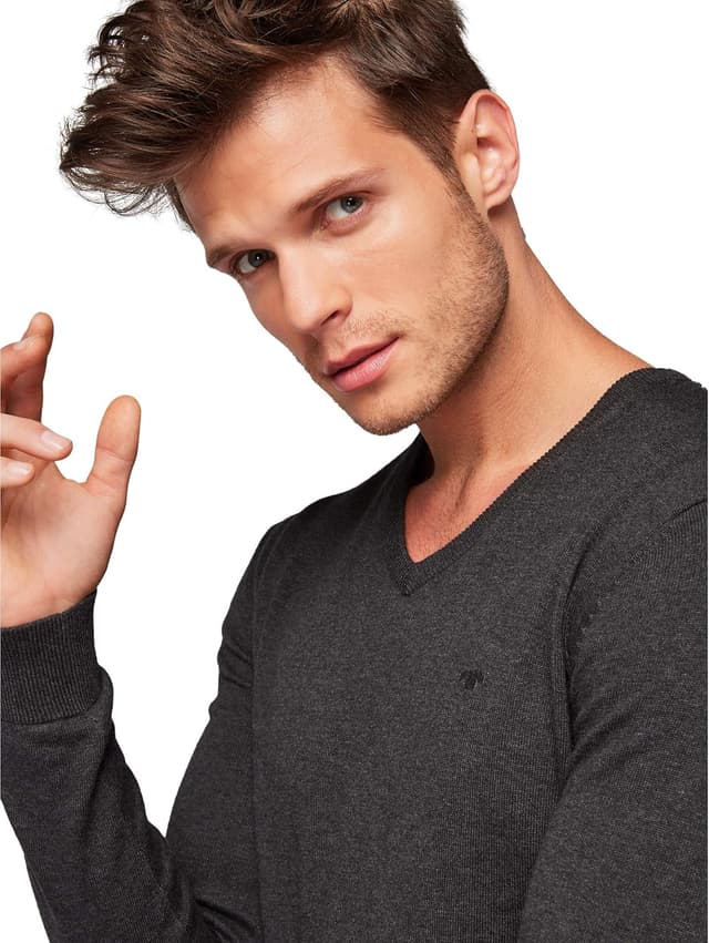 Detalle de TOM TAILOR Herren-Strickpullover mit V-Ausschnitt aus Baumwolle