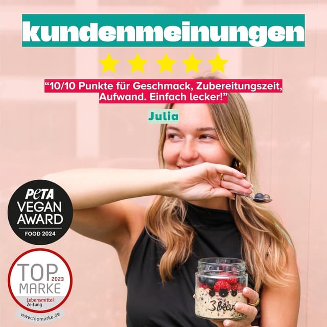 Detalle de 3Bears Overnight Oats Lover-Set inkl. Glas – 7x vegane Porridgemischung (ohne Industriezucker)