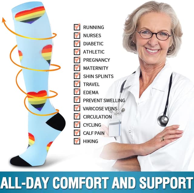 Detalle de 4 Paar Kompressionsstrümpfe für Damen & Herren (15–20 mmHg) – bunte Stützsocken für Sport, Flug, Reisen & Alltag