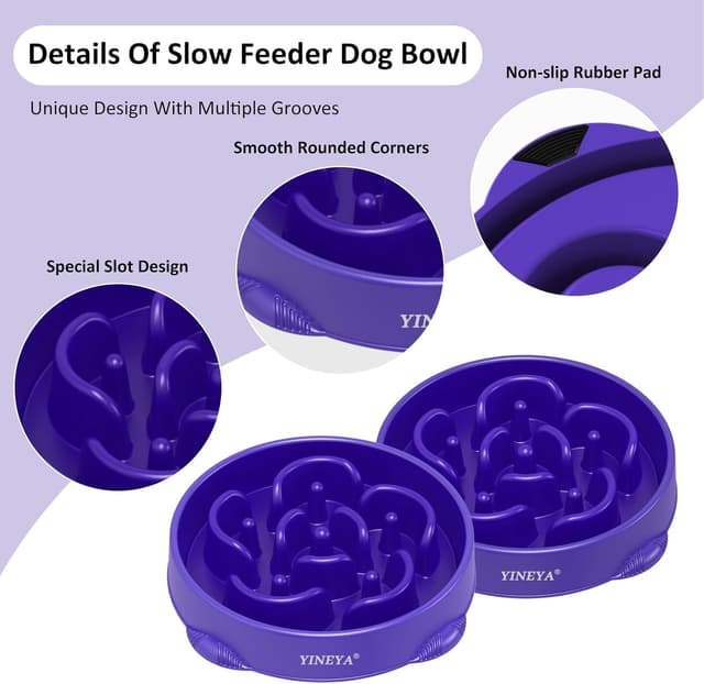 Detalle de YINEYA Slow Feeder Dog Bowl (Large Breed) – Purple labyrinth anti-gulp design