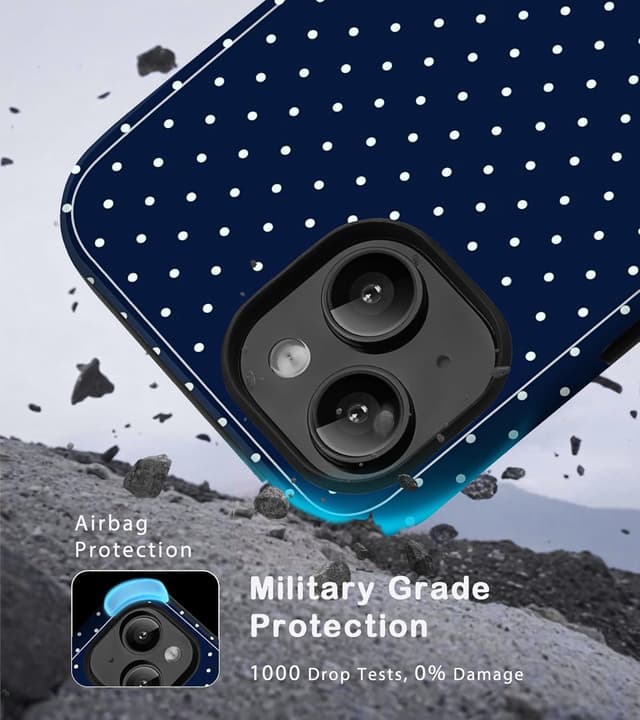 Detalle de Amzfield iPhone 15 Dual-Layer Case (Navy Polka Dot Retro) – Hybrid Protection