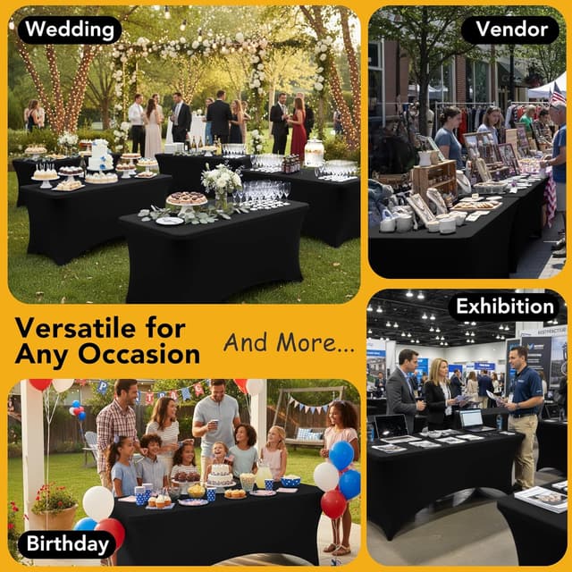 Thumbnail 4 de Dailyset Black Spandex Tablecloths 8ft 6-Pack