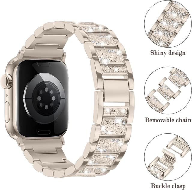 Detalle de Sixmoat Bling Diamond metal strap for Apple Watch (Starlight) – women’s 42/44/45/46/49mm compatible bands