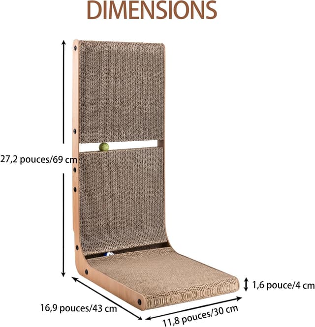 Detalle 2 de AUSCAT griffoir en carton en forme de L pour chat d’intérieur avec 2 balles intégrées (69 cm)