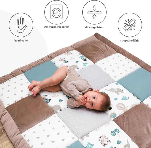 Detalle de Krabbeldecke Spielmatte/Krabbelmatte mit Patchwork-Motiven – faltbare Bodenmatte für Baby & Kinder (Oeko-Tex)