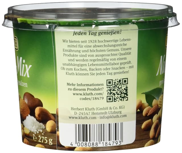Detalle de Kluth Nuss-Mix 275 g im 6er Pack – geröstet, gesalzen mit Erdnuss-, Cashew- und Mandelkernen