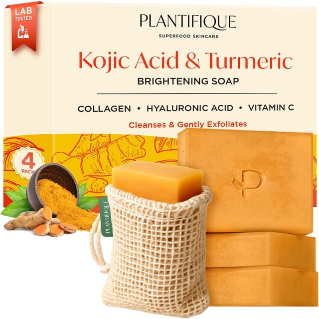 Detalle de PLANTIFIQUE Turmeric & Kojic Acid Soap sapone esfoliante viso e corpo (4 pezzi) per un tono più uniforme