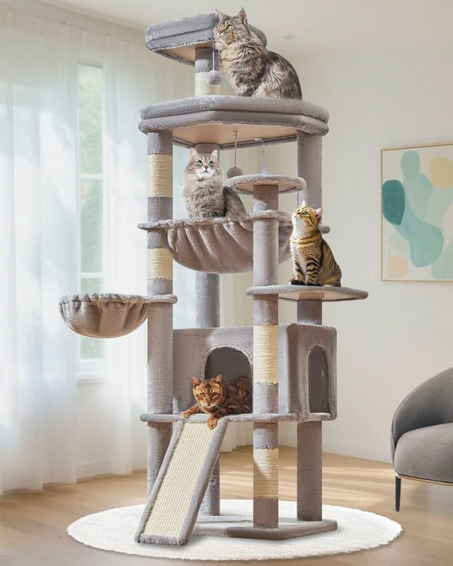 Detalle de Taoqimiao 183cm Cat Tree (MS045W) with Big Cat Platforms, Scratching Posts & Metal Hammock