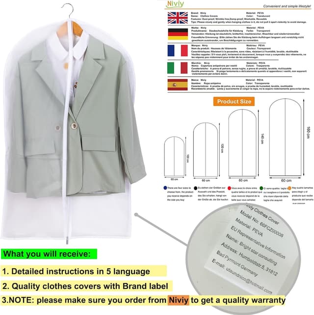 Detalle 2 de Niviy Kleidersack Anzug (6er-Set) – transparente, atmungsaktive Kleiderhüllen mit Reißverschluss, 60x100 cm