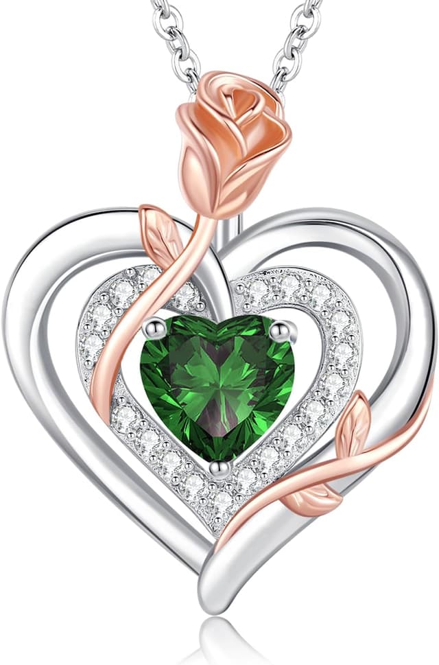 Detalle de LAVUMO Collier femme en argent sterling 925 et laiton, pendentif double cœur rose avec pierre de naissance