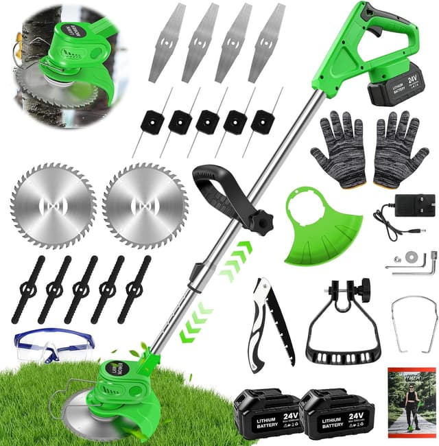 Detalle de 24V Cordless Strimmer Grass Trimmer with Telescopic Pole, 6x Metal Blades + 10x Plastic Blades and 2x 4000mAh Batteries (Green)