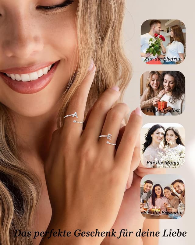 Detalle de Maynor A-Z Buchstaben-Ring aus Silber 925 mit Cubic-Zirkonia, verstellbar (Größe 50–60)