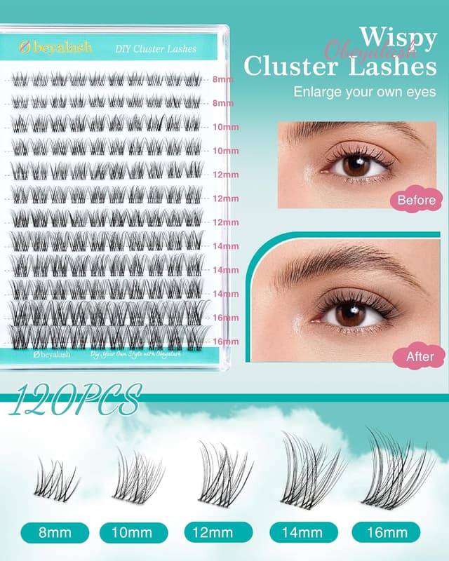 Detalle de Obeyalash Lash Cluster Extensions (C Curl, 8-16 Mix) „Natural Look“ für Cat-Eye – 120 Stück, Clear Band, DIY
