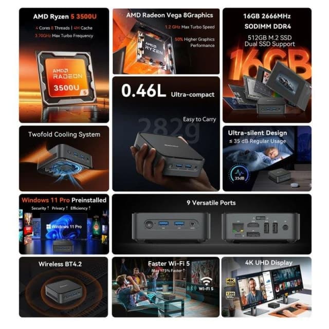 Detalle 2 de Blackview MP50 sobremesa mini con AMD Ryzen 5 3500U, 16GB RAM, 512GB SSD y Windows 11 Pro