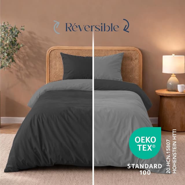Detalle de Twinzen Housse de couette réversible 135x200 cm en microfibre grise (avec taie 50x70) – Parure Oeko-Tex