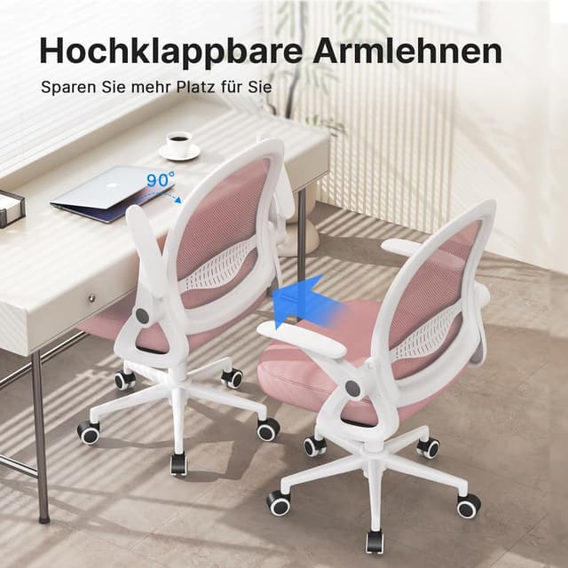 Detalle de naspaluro Bürostuhl mit atmungsaktiver Mesh-Rückenlehne, höhenverstellbaren Sitz und 90° hochklappbaren Armlehnen (rosa)