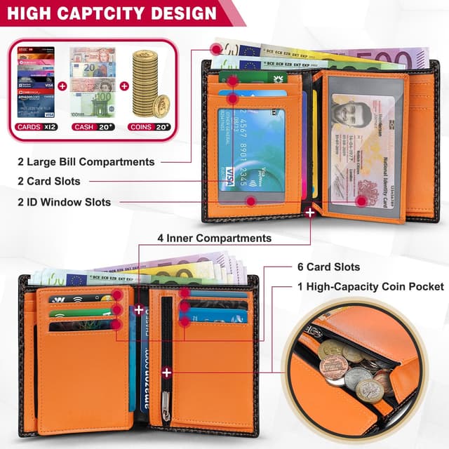 Detalle 2 de TEEHON men’s RFID blocking carbon fibre wallet (bifold, black & orange) with 12 card slots