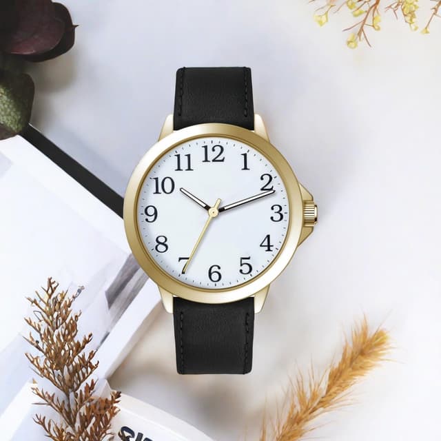 Detalle de NUOVO Herren Analog-Quarzuhr mit großem Zifferblatt, schwarzem Lederarmband (45 mm) – gut ablesbar