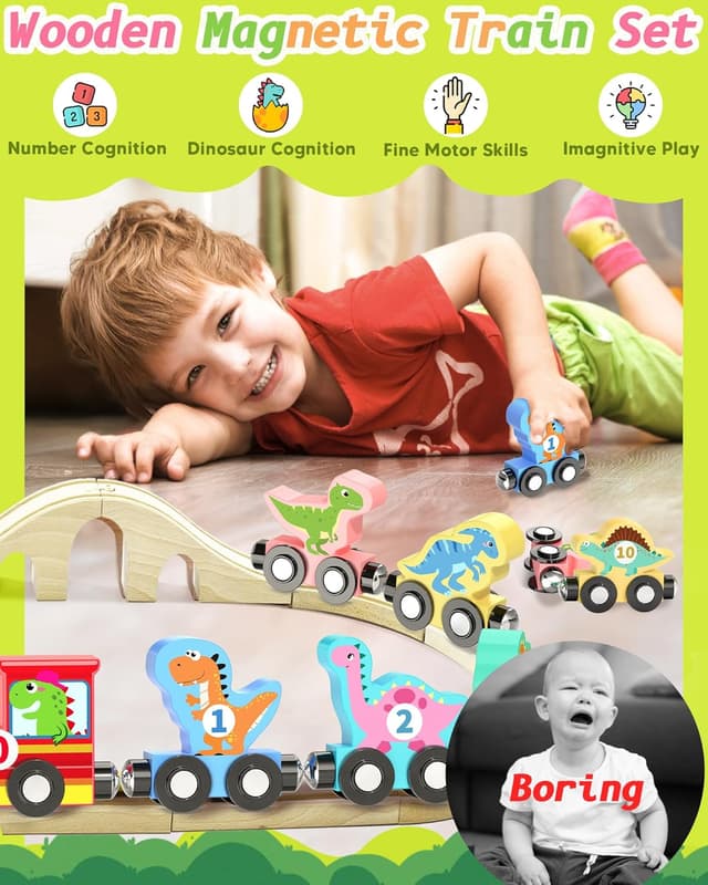 Detalle 2 de 11-Piece Magnetic Dinosaur Train Set (Montessori Wooden Learning Toys) for Ages 1–3