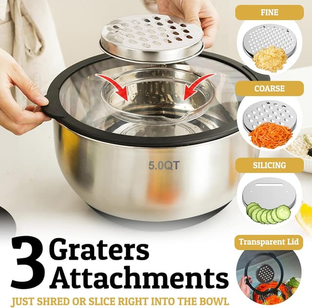 Detalle 2 de Deedro Edelstahl-Schüsseln mit transparentem Deckel (5er Set) inkl. Reibe – stapelbar & spülmaschinenfest