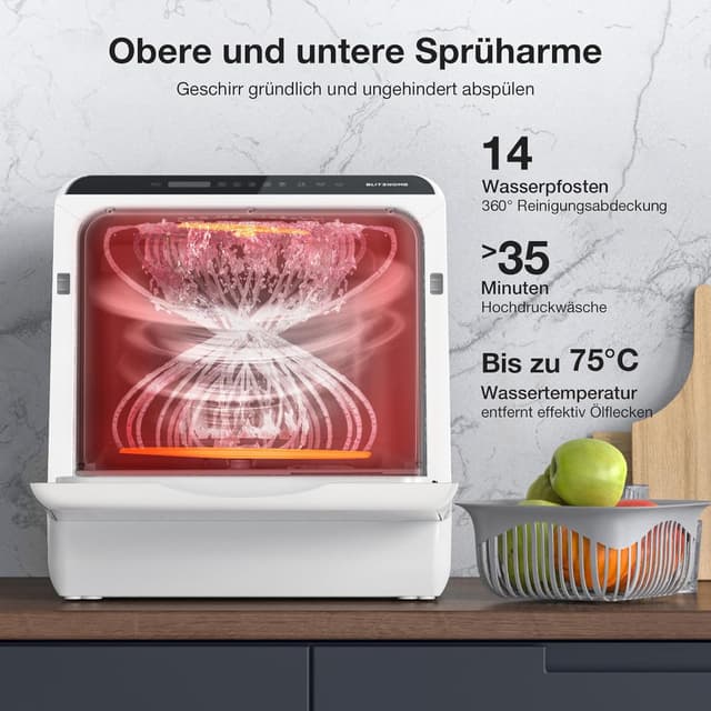 Detalle de BLITZHOME Mini Spülmaschine (6 Programme) mit App-Steuerung und 5-Liter-Wassertank – tragbarer Tischgeschirrspüler