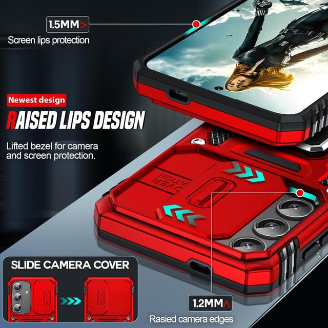 Detalle de LeYi for Samsung Galaxy S25 phone case with sliding camera lens cover and rotatable kickstand (Red)