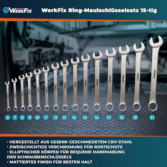 Detalle de WERKFIX Ring-Maulschlüssel Satz (15-tlg.) 6–21 mm aus CrV-Stahl