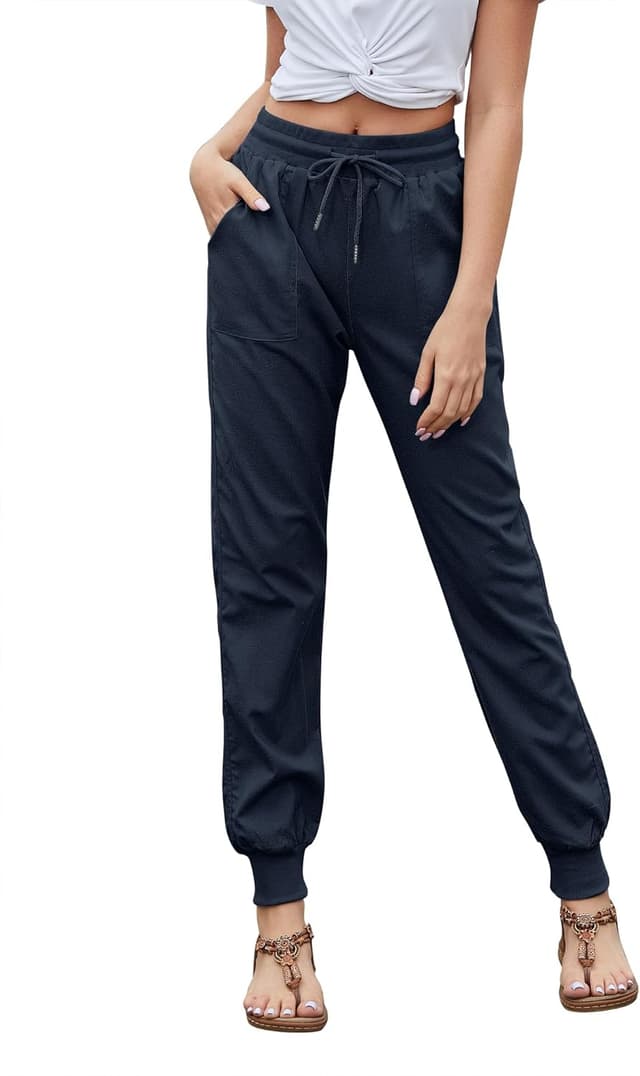 Detalle 2 de Livonmone Damen Sommer-Casual Hose aus Baumwolle/Leinen mit Stretch – einfarbig, gerade & mit Taschen