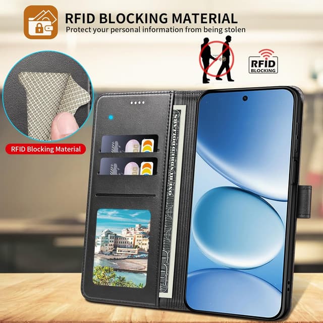 Detalle de WAURZ Cover in pelle a libro per Xiaomi Redmi Note 15 Pro 5G con protezione schermo e supporto, nero