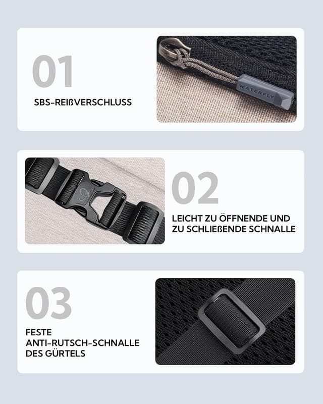 Detalle de WATERFLY Bauchtasche / Hüfttasche klein für Herren & Damen – Sport-Bum-Bag in Beige mit Verlängerungsgurt