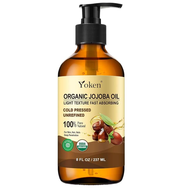 Detalle de Yoken Organic Jojoba Oil (8 fl oz) — USDA Certified 100% Pure, Cold-Pressed Unrefined Jojoba Oil in Glass Bottle