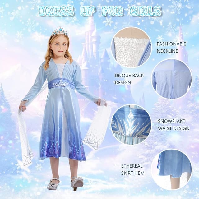 Detalle de Costume Principessa Bambina AUYAO con corona, bacchetta e gioielli (abito blu) per Halloween, Natale e Carnevale