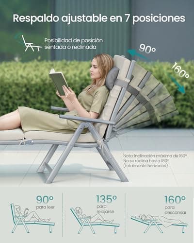 Detalle de SONGMICS Tumbona plegable GCB024WZ02 beige arena con respaldo ajustable y cojín de 6 cm