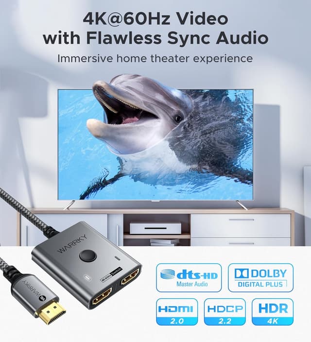 Detalle 2 de WARRKY HDMI Switch 4K 60Hz / 2K 144Hz Bidirectional (2-in-1, 1 display) in aluminium case