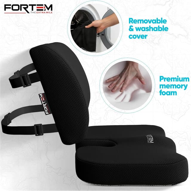 Detalle de FORTEM Coccyx Cushion XL with memory foam lumbar support and non-slip chair pad