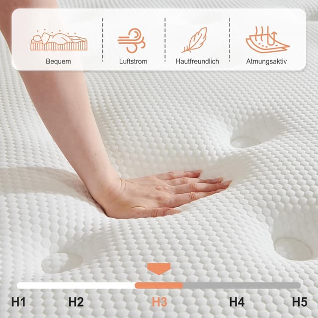Detalle 2 de Sleremind Matratze 160x200 cm – Taschenfederkern mit Härtegrad H3, 7 Zonen und Komfortschaum, Rollmatratze (25 cm)