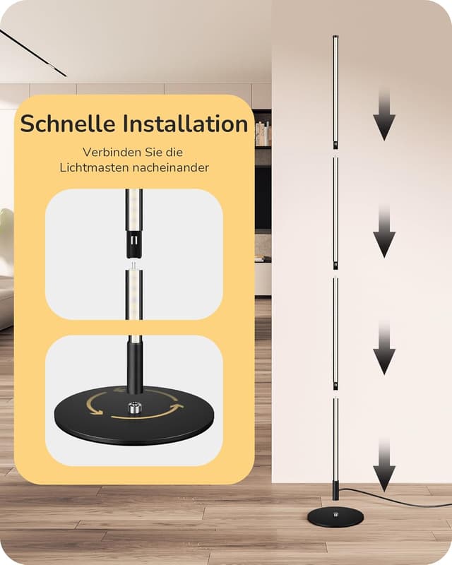 Thumbnail 6 de EDISHINE 2er-Set Stehlampen für Wohnzimmer LED dimmbar, 3000K, höhenverstellbar bis 146 cm (schwarz) – inkl. Memory-Funktion