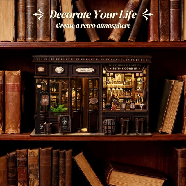 Detalle de Teoryieer Wooden Booknook DIY 3D con luci LED e coperchio antipolvere – Piccola Taverna