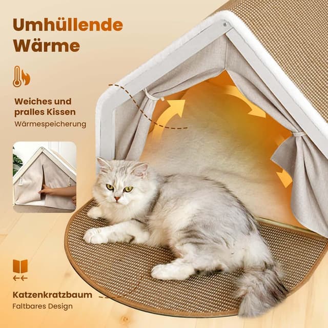 Detalle de LUNNTE Katzenhaus „Katzenzelt Sisal Kratzhaus“ 2-in-1 aus Holz (Beige, 64x50x50)