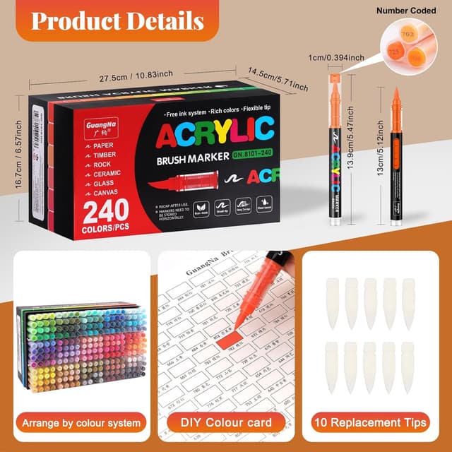 Detalle 1 de Funnasting 240 Colours Acrylic Paint Pens with Flexible Brush Tip (for glass, fabric, rock & DIY crafts)