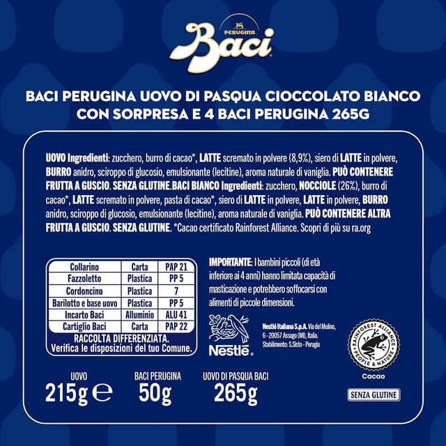 Detalle de Baci Perugina Uovo di Pasqua 2026 in cioccolato bianco con sorpresa e 4 cioccolatini da 265g
