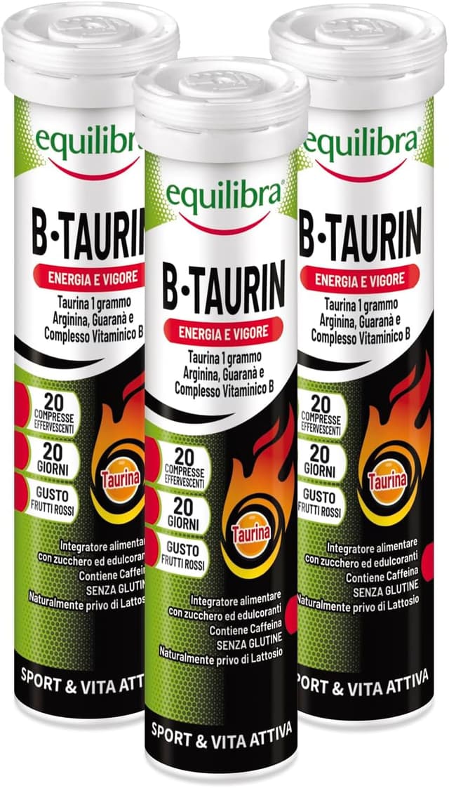 Detalle de Equilibra B-Taurin: integratore effervescente con taurina, arginina, guaranà e vitamine del gruppo B (3 confezioni da 20 compresse)