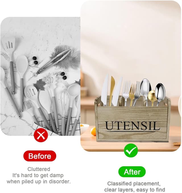 Detalle de Gzsekken Rustic Kitchen Utensil Holder (Large, 3 Compartments) with Drainage Bottom, Brown