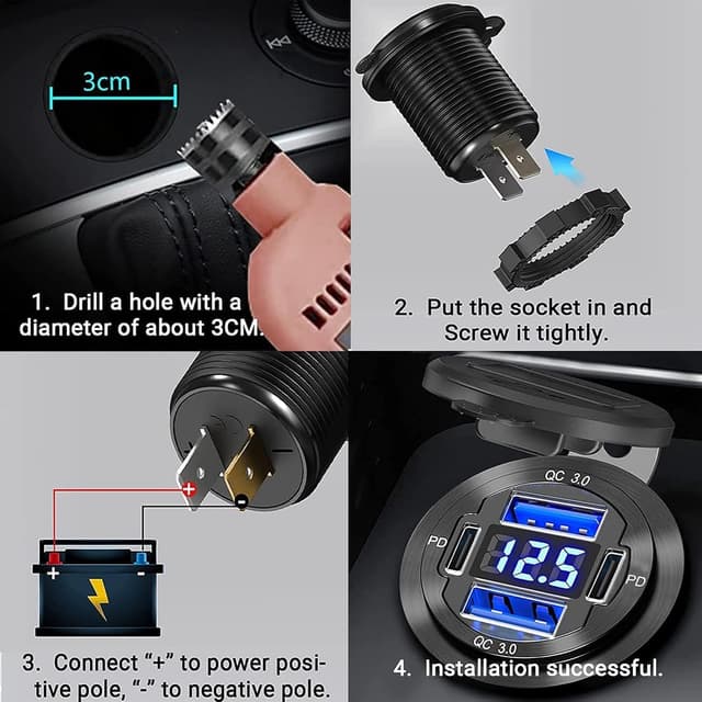 Detalle de HCGZHEN Upgraded 12V USB Charger (4 Ports) with LED Voltmeter — Aluminum Car Outlet, Pack of 2
