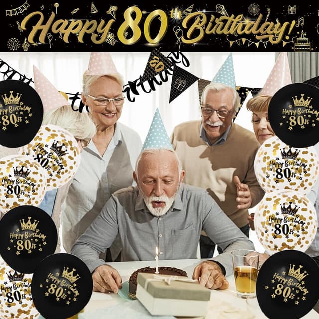 Detalle 2 de 14 Pieces 80th Happy Birthday Decorations Kit (9ft Banner, Triangle Flags, Confetti Balloons)